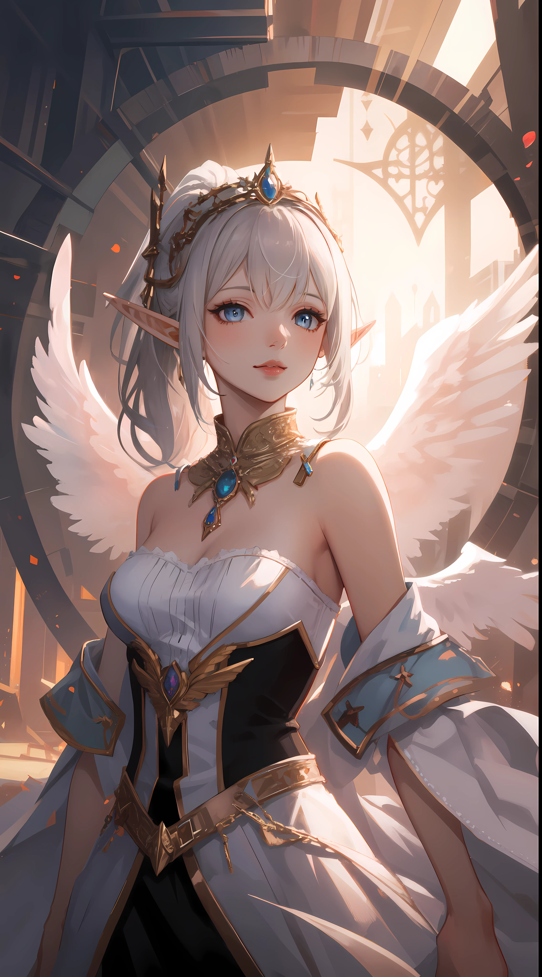 ((masterpiece, best quality)), official art, unity 8k wallpaper, ultra detailed, Rusticcore, contest winner, pixiv, Disgusting a white haired elf woman with wings and jewels on her head and chest, wearing a white dress with silver wings and a silver collar, (Charlie Bowater:0.158) , (Yoshitaka Amano:0.073) , (a character portrait:0.265) , (whiteglovefantasy art:0.457) and Light particle, extremely beautiful, Analytical Art, 8K, best quality, DayGlo orange dust particles, dslr, anaglyph effect, BREAK, highly detailed of (elf), (1girl), solo, perfect face, details eye, ponytail, Blunt bangs, (hair between eye), blue eyes, fantasy art by Artgerm, by Kawacy, by Wadim kashin, BREAK, eyelashes, eyeshadow, pink eyeshadow, light smile, medium breast, BREAK, extremely detailed, dynamic angle,