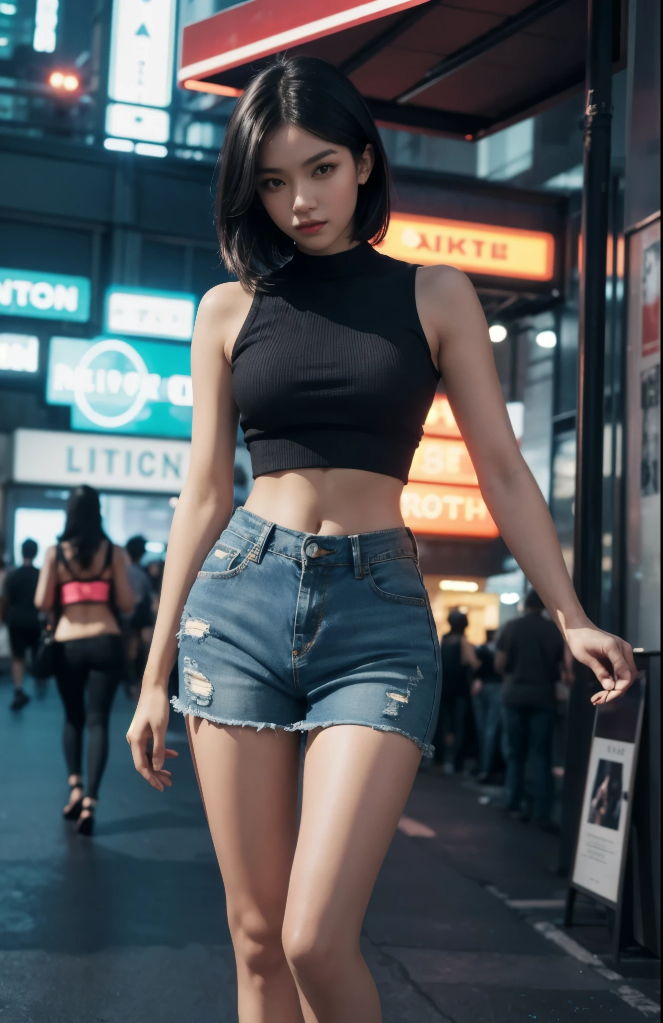 A captivating depiction of a determined and beautiful lady wearing crop top and short denim skirt, pose like a model, Instagram pose, Urban setting with skyscrapers and neon signs, captured with a Nikon D850 film stock photograph Kodak Portra 400 camera f1.6 lens, dynamic composition with dramatic lighting, rich colors and lifelike textures, the trending style on ArtStation