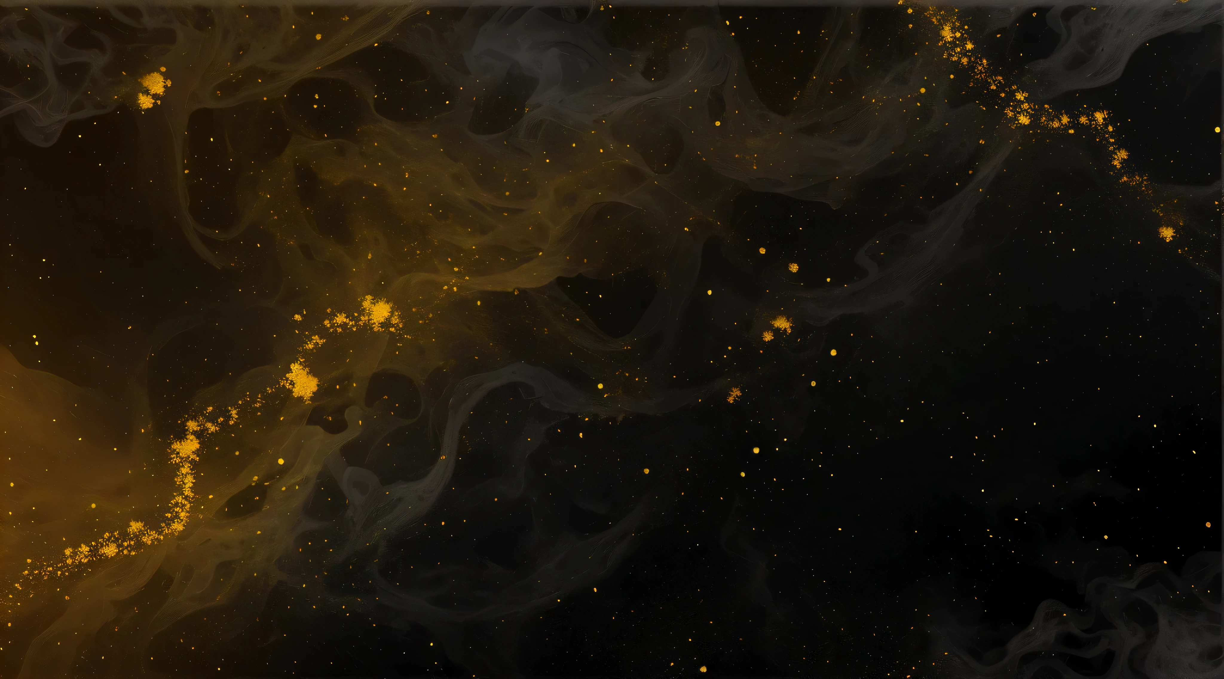 There is a black picture There is a black picture, Gold and black liquid, Dark yellowish water, Background with ( Dark _ Smoke smell ), Distant nebulae are glowing algae, Glowing spores fly, Glowing dust, dust particle, floating dust particles, Dark abstract Background with, glowing swirling mist, dirt and smoke Background with