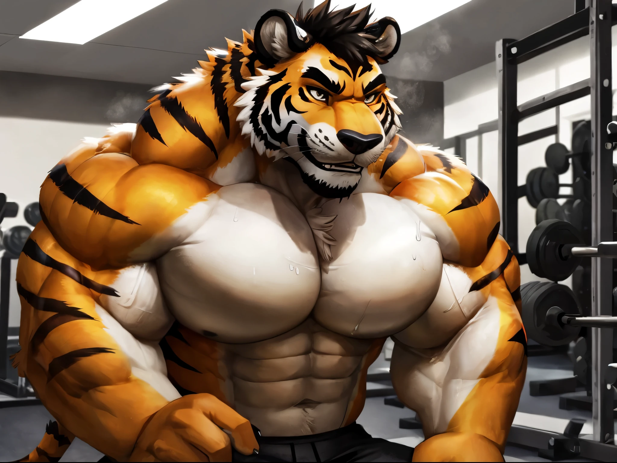 Solo, Sweating, hard breathing, gym, huge muscular, huge pectoral, pectoral, furry tiger, masterpiece, hi res, hight detail, detailed, 8k