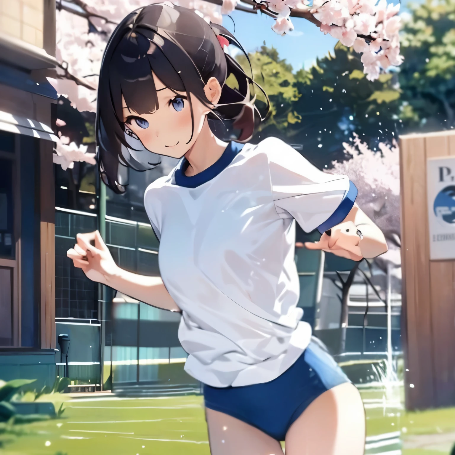 (big round glasses:1.3)、(Timid girl、blush、Watery eye:1.2)、Long black hair、White short sleeve shirt、Navy blue shorts、Gym suit、 body、Flat body