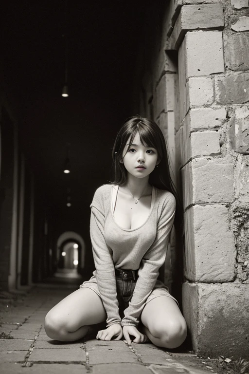 Masterpiece line art by Jim Lee, of a young beautiful girl in ((ragged clothes)), 13 years old, perfect sexy body, perfect boobs, kneeling in a medieval village at sunrise, moosig, Nebel, neblig, Schatten, Nebelerious, Mithical, dunkel, Lichtstrahlen scheinen durch den Wald, Ambiente, Depth of field, Volumetrische Beleuchtung, Filmische Beleuchtung, launisch, heavy dunkelness, Schwarzer Himmel, Perspektive mit niedrigem Winkel, inspiriert von Vincent van Gogh