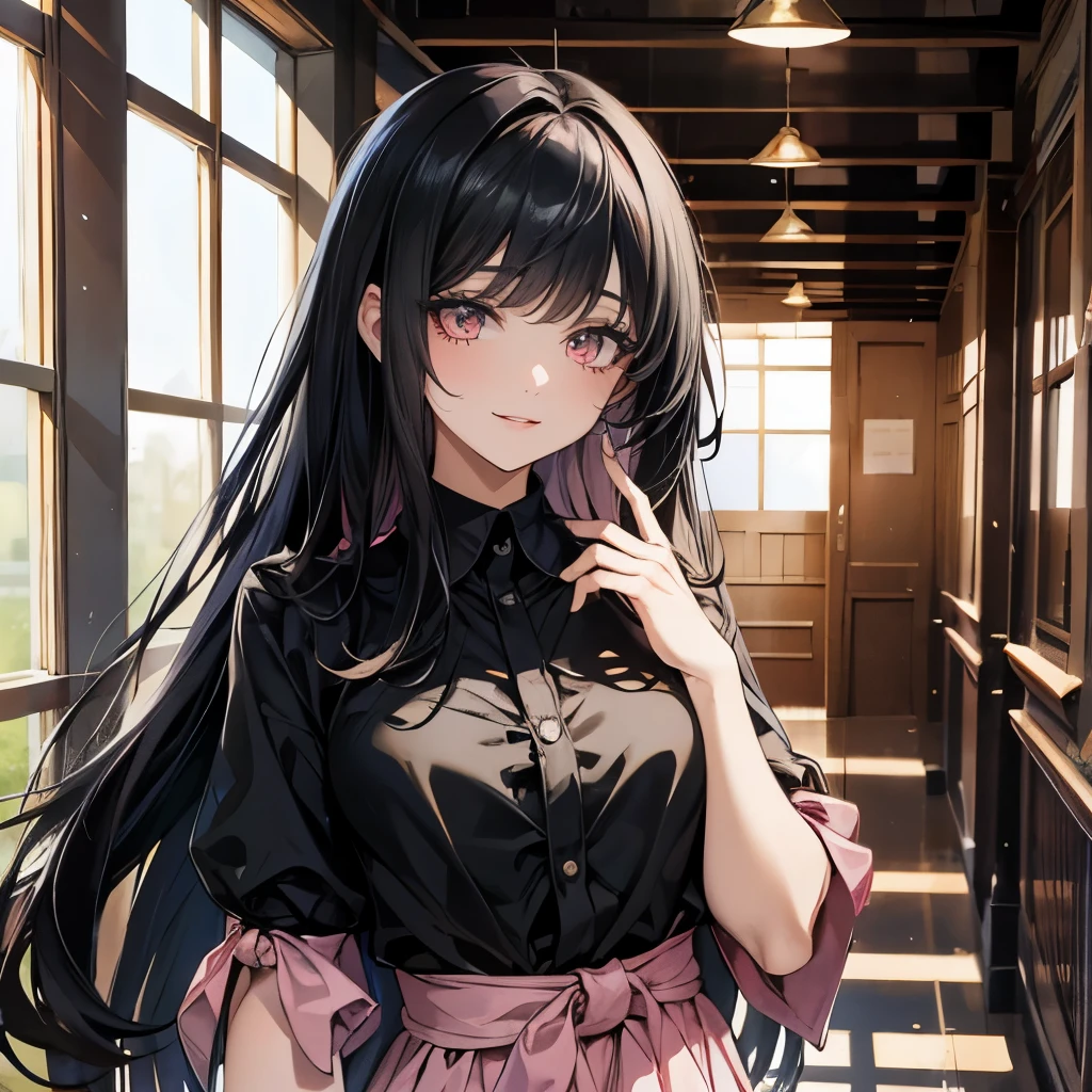 A pretty beautiful lady, pink eyes and long hime haircut black hair, long hair, looking at you flirtly and smugly smile, school hallway, black blouse, a human, modern era, upper body.