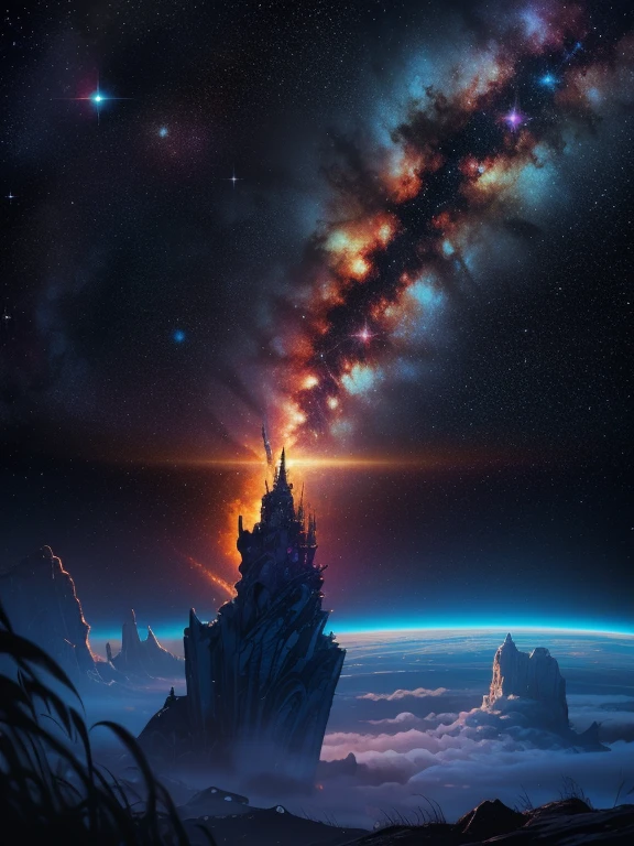 Masterpiece, Comic art by Marc Silvestri, Lila epischer kosmischer Sturm, mit Nebelhintergrund, (Hyperrealistisch), (Meisterwerk), interstellar, Galaxie, 8k --height 768,  Atemberaubender Bildschirmschoner, by Giger, vivid colors, by Marc Silvestri, by Jim Lee