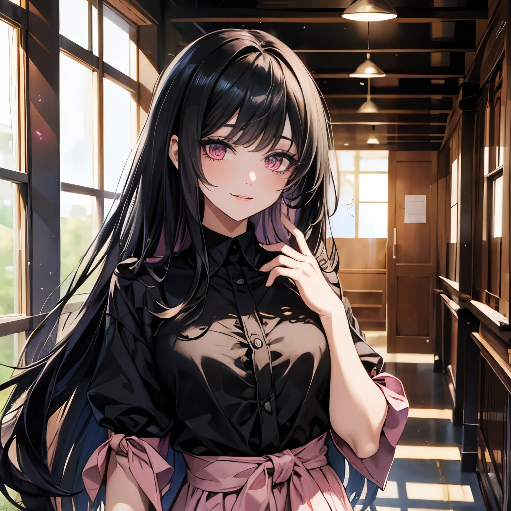 A pretty beautiful lady, pink eyes and long hime haircut black hair, long hair, looking at you flirtly and smugly smile,  school hallway, black blouse,  a human, modern era, upper body.