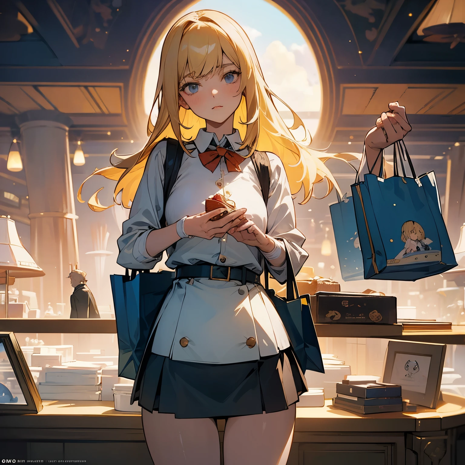 James Ensor, Posy Simmonds, Surreal, mysterious, strange, fantastic, fantasy, Sci-fi, Japanese anime, cataloging the world, semiotics, the universe is one giant department store, beautiful blonde miniskirt girl Alice enjoying shopping, perfect voluminous body, detailed masterpiece
