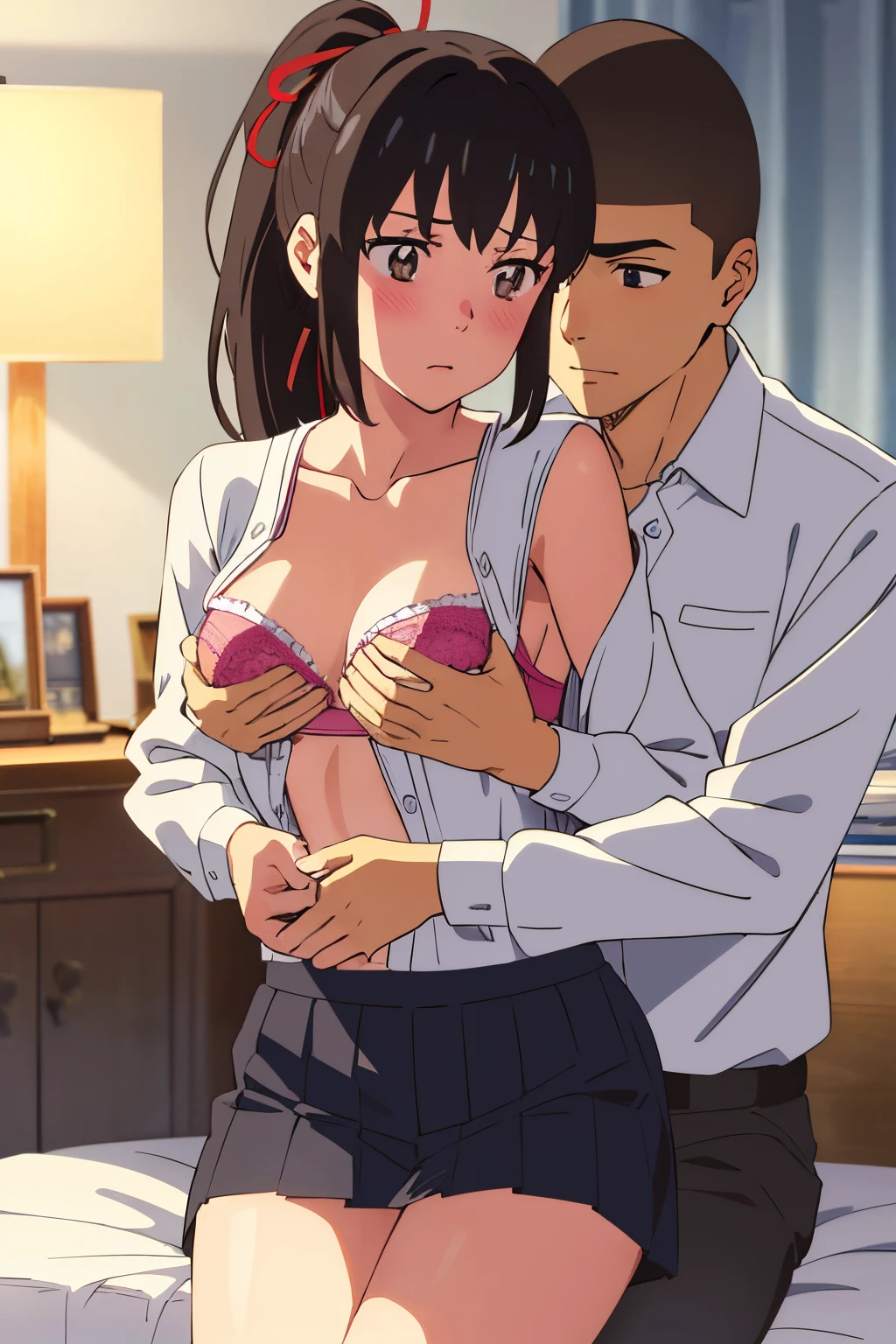 masterpiece:1.6, best quality), finely detailed beautiful eyes: 1.2), colorful, shinkai makoto, kimi no na wa., 1boy, buzzcut, muscular, brown eyes, nude, boy caressing girl's body, breast groping, breast grope, hold breast,1girl, black hair, small ponytail with red ribbon, short hair, blush, bow, brown eyes, collared shirt, long sleeve white shirt buttons, unbuttoned shirt, open shirt, pink bra lift up, medium breast, short skirt, indoors, sit, sitting on bed , bed,bedroom, lamp, cowboy shot, face to face