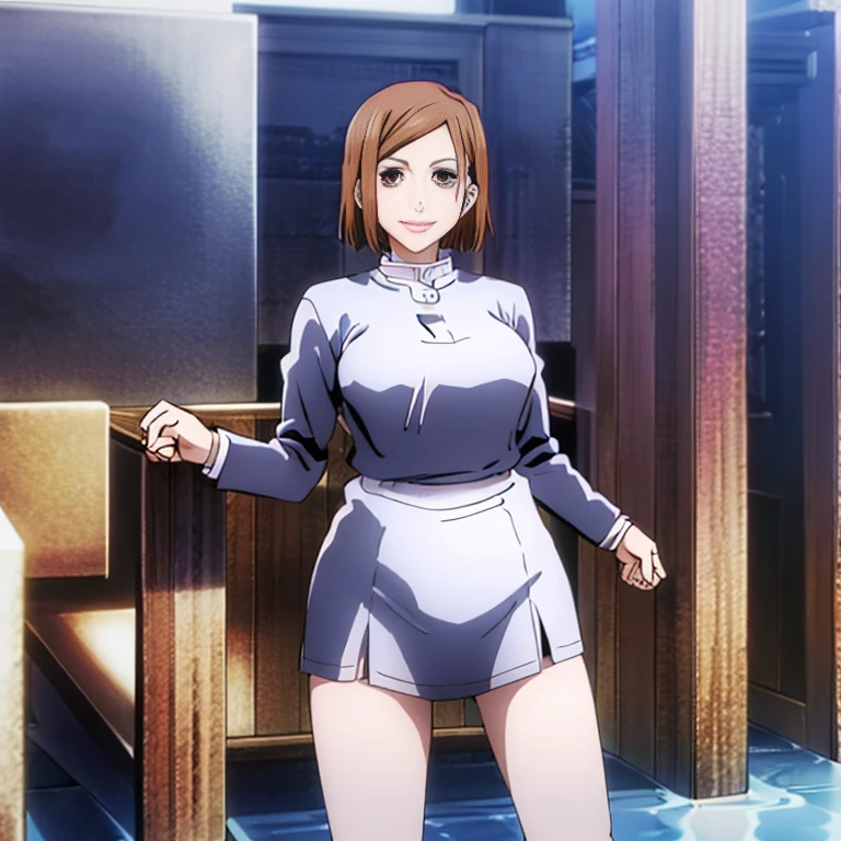 Nobara Kugisaki from Jujutsu Kaisen wearing bikini armor、25-years old、beautiful legs and big breasts、Standing、Brown hair、short-hair、hight resolution、in 8K、A smile