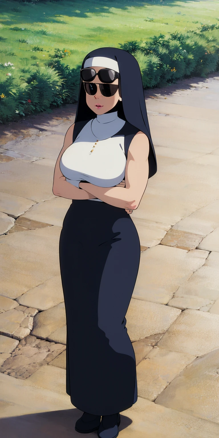 (Best quality, 4k, Masterpiece :1.3), full body standing symmetrical beautiful woman, hyper realistic, 1girl, nun outfit, yellow sunglasses, muscular turned arms behind body