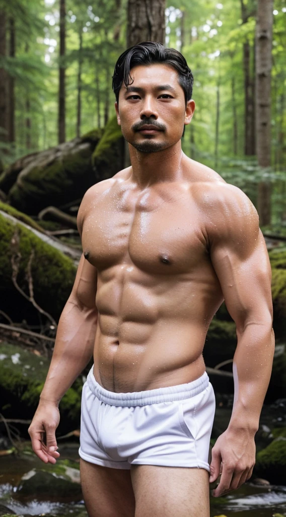 Middle-aged Korean man, 70 years old, brown eyes, dark eyebrows, mustache, long male beard, white hair, gray hair, hair parted in the middle, masculine lips, high nose, good figure, plump body, bear body, a little fat, big muscles, has upper muscles....Good muscles, arm muscles, leg muscles, big muscles, big and strong body. Big chest muscles, plump body, pink nipples, a bit of hair, clear red CK underwear, big in the middle......The bulge is second to none, extremely naked, chest hair, stomach hair, armpit hair, large bulge in underwear, realistic, high resolution. Standing at a forest waterfall The resolution of arms and legs, white skin, plump skin, skin wet with sweat, large and plump muscles. Face resolution, Gong Yoo, handsome man, short hair, portrait, Gong Yoo, high resolution 50k, camera photo, eyes looking at the camera, man, Gong Yoo..... Handsome, big muscles, six pack, handsome...... Age 70, like the real Gong Yoo, middle-aged man, big muscles, plump, plump body, gray hair, white, white mustache.