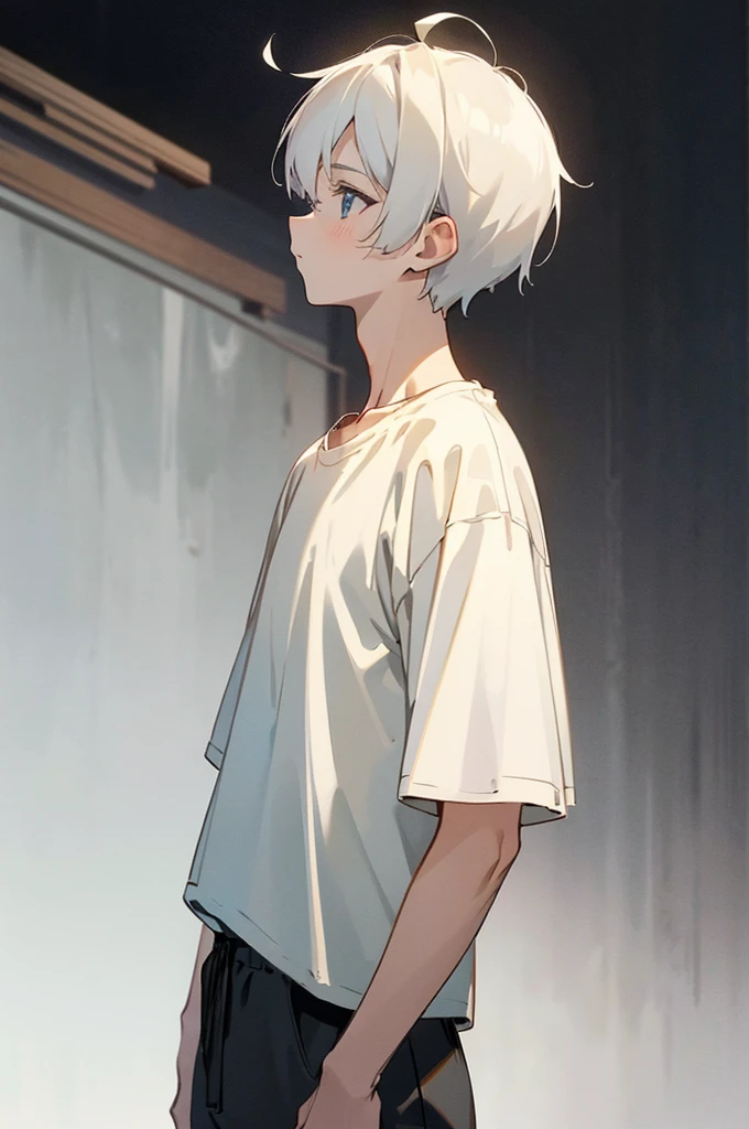HDR, masterpiece,vintage,RTX,(masterpiece, best quality:1.2),ads modeling, Bangs,profile shot, solo, 1boy, (oversize clothing,baggy, white plain t-shirt, longline tee:1.2), jogger pants,white seamless background, symetric:1.2,frontal shot:1.2,look at viewer,model,,A young man, looking forward, wearing a white shirt, short hair, combed back, black eyes, Wear a plain white shirt,(The black background:1.5),(The cinematic lighting:1.5)(Handsome anime boy 1.5)4K anime style,anime rendering,anime style,8K fineness,(Upper body display:1.5)