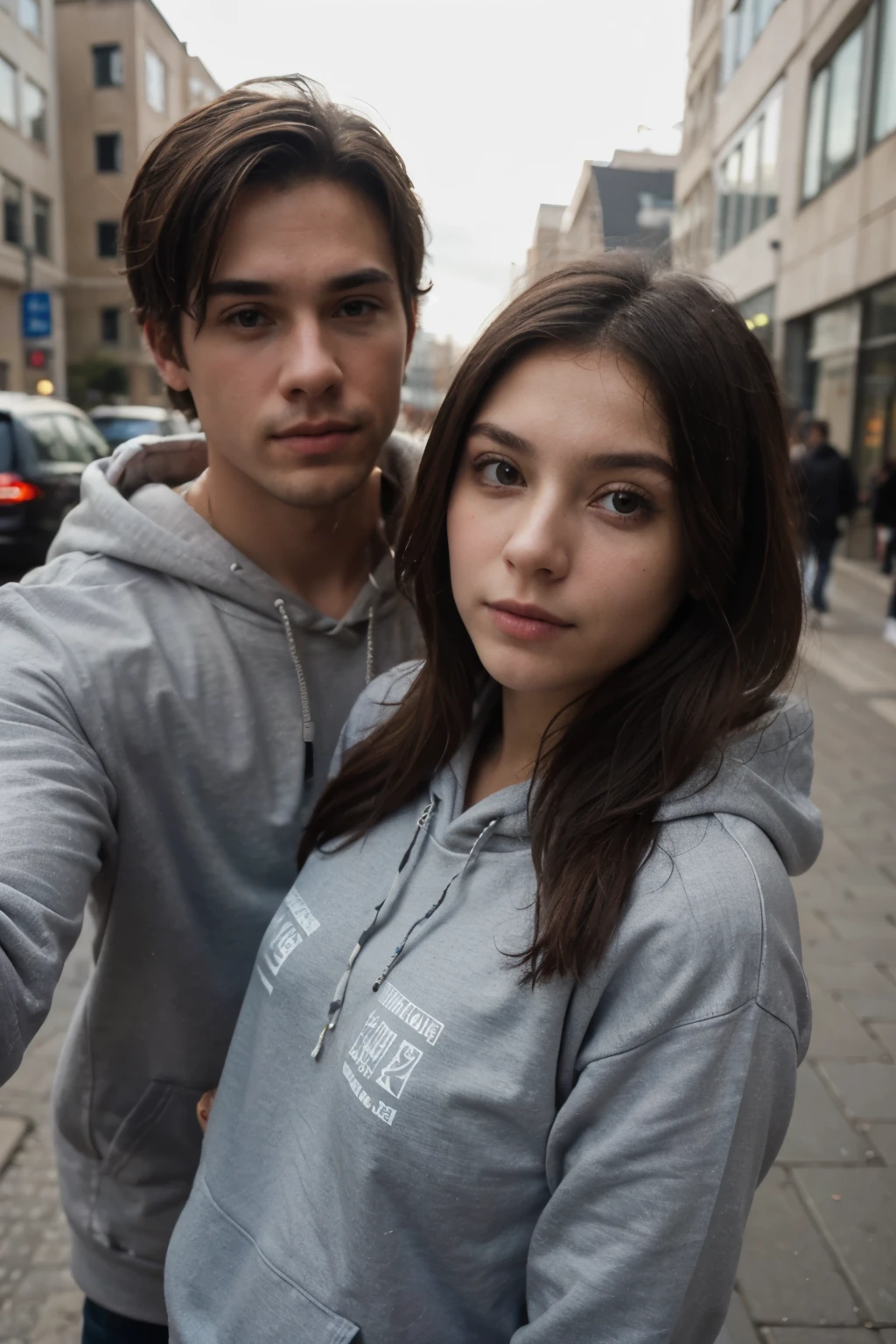 ((best quality)), ((masterpiece)), (detailed), perfect face, men and girl use hoddie selfie in the street cityscape,