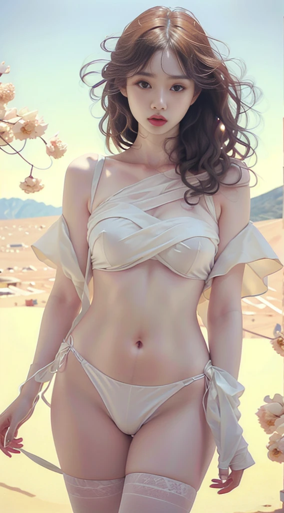 Busty European beauty,Have African ancestry,Slightly darker skin tone,Go a little deeper,drenched all over the body,high light,Bumpy figure,Wearing white underwear,Underwear suspenders are ropes,White thongs clamp the hips like a string,She was about to break through her panties,a plump buttocks,Realistic skin,photorealiscic face,Slender legs stand side by side,Seductive hands,largeeyes,Detailed eyes,realistic pupil,lips are plump,Short brown hair flutters in the wind。