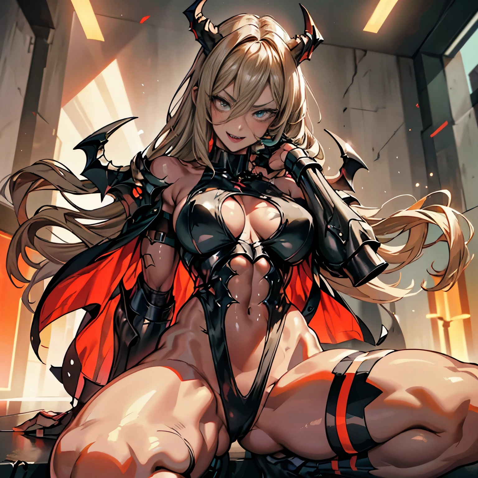 (Cyberpunk Demon waifu), (high resolution), (high res), great quality, mature, very angry face, long fangs, diamond face, perfect eyes, demon tail, wings, strong shadows, (neon light), neon, naked, detailed face, sparks, gargolyes background, hell, night, (attacking), detailed abs, scars, shinying eyes, war pose, long claws, (masterpiece), direct light, underlight, strong jaw, golden sky, large boobs, (Demonic queen), (lewd armor), (no clothes) massive ass, thick thighs, long torso, wide waist, skinny torso, fit, perfect face, (skimpy armor), (colorful vibrant light), futuristic