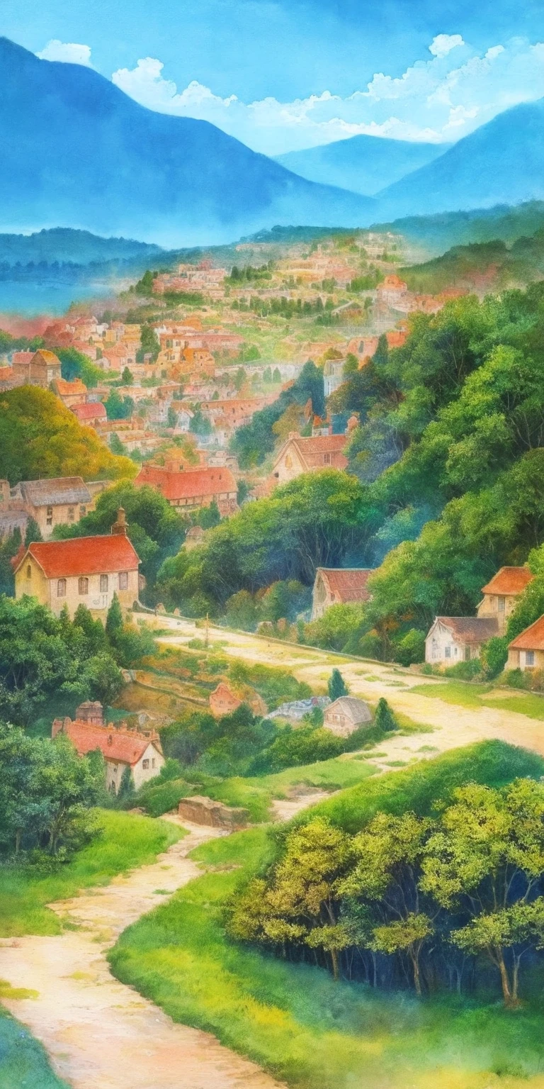 fantasy landscape, watercolor illustration, whimsical, warm colors, fairytale village, houses, ((masterpiece)), highly detailed environment