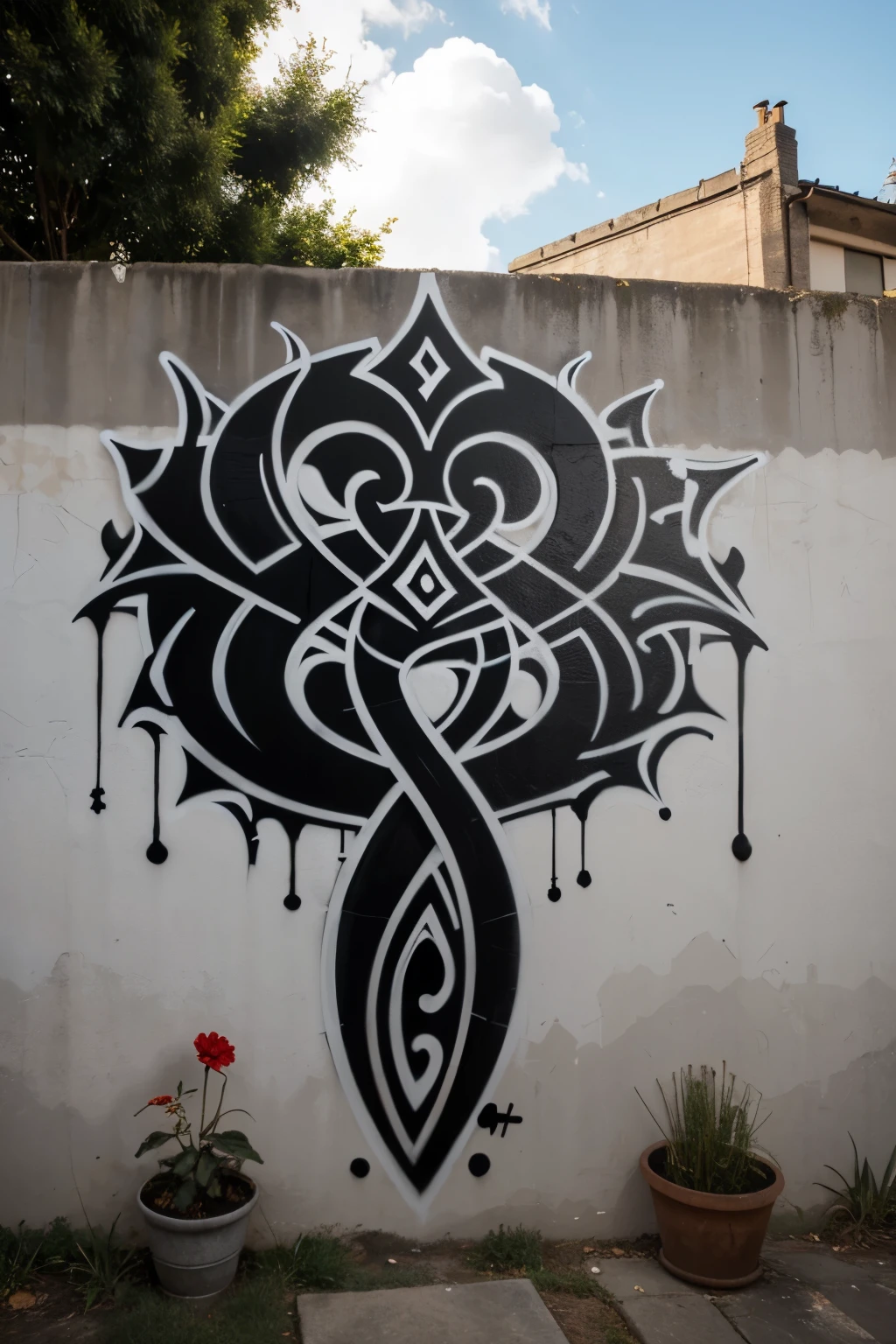 graffiti art on outdoors wall. graffiti of stylised dagger with black flame centrally