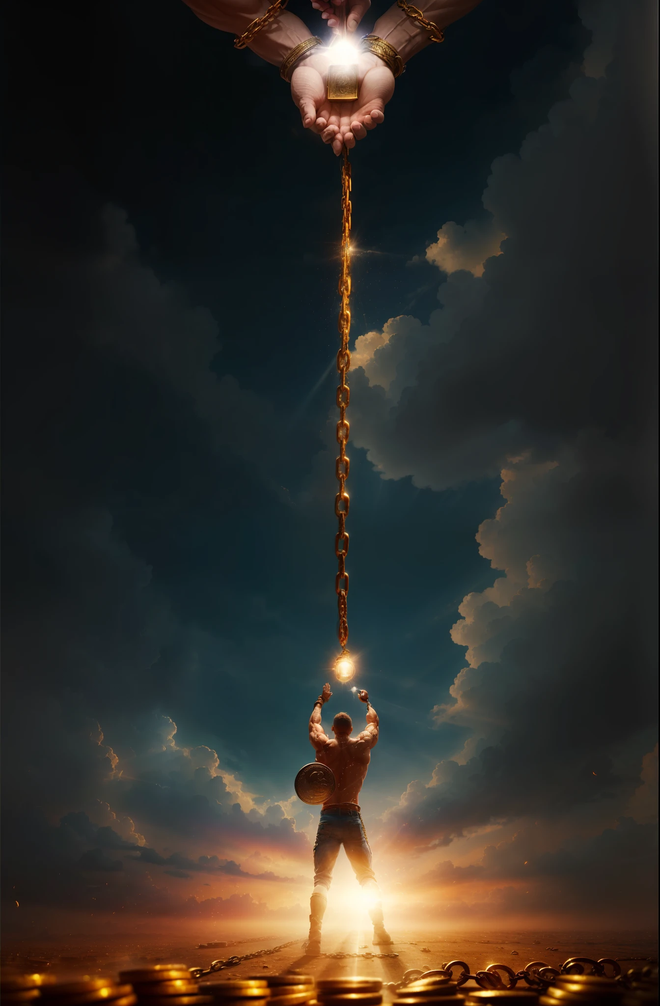 (best quality,ultra-detailed,realistic:1.37),man breaking free from coin chains,looking up at bright sky,coin chains glowing gold,expression of relief and liberation,shackles breaking apart,coins scattering,strengthening hands,wrinkled clothes fluttering,muscular body,struggling and determined face,sunlight shining through clouds,colors reflecting hope and freedom,clouds forming magical shapes,sky filled with warm and vibrant colors, rays of light illuminating the scene,blurred background emphasizing the man's struggle and triumph.