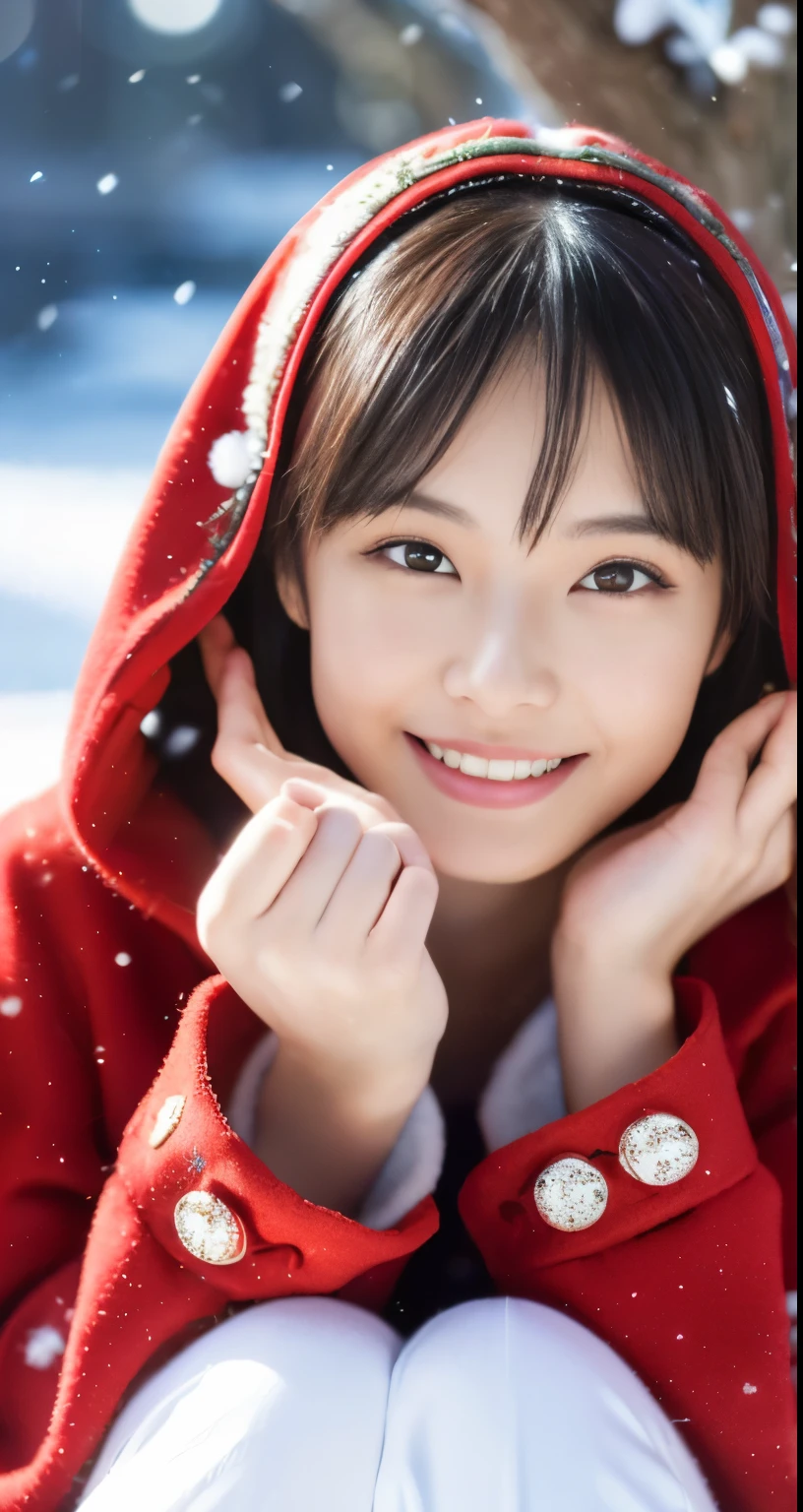 ((( masutepiece ))), (((Best Quality))), ((Ultra-detailed)), (Photo), ((extremely delicate and beautiful)),High resolution, 1girl in, 25 years old, Japanese beautiful girl, (Small breasts), ((Plump full lip)), (Wavy Hair),(Short hair), ((I have one small mole under my eye)), (Detailed eyes),(detailed facial features), (detailed arms),(Detailed fingers),(Detailed Regulus Body))) , snowscape, ((Smile)),(((Red coat))), ((Film grain)), ((SLR camera)), ((35mm lens focal length))