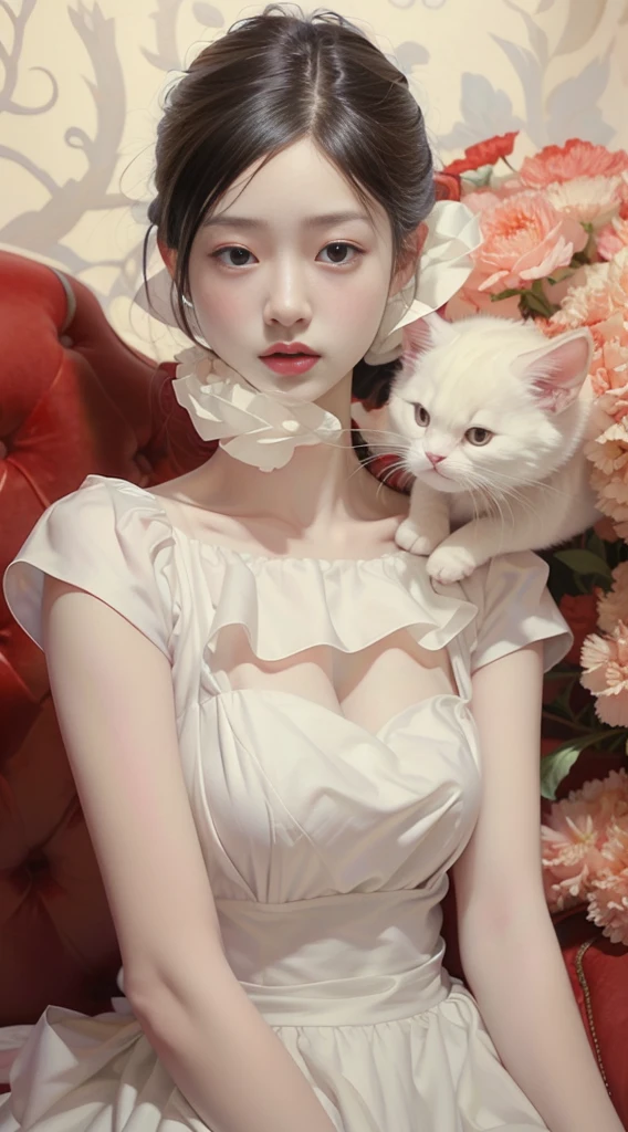 1 beautiful woman, large body, dressed as a maid, posing, resembling actress Karen Fukuhara
