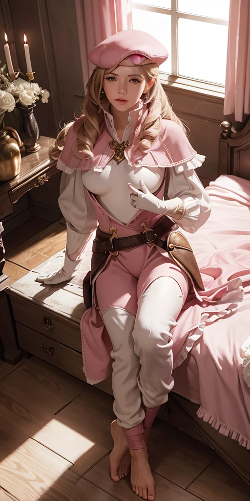 masterpiece, best quality, full body, barefoot, solo, female, big breast, feforrest, beret, pink capelet, pink tunic, white pants, brown gloves, upper body, looking at viewer, shy, from above, mansion, room, finely decorated room, pink theme
