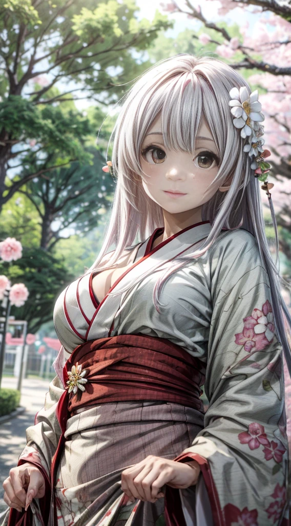 anime style, ((close up)) bautiful young woman, 1girl, (dreamy big eyes), wearing red kimono, (long white hair), (green eyes), large breasts, smirk, lips, in a park, under a cherry blossom tree, hair floatingin the wind, sunlight, cinematic lighting, ((from below)), best qualiy, 8k, high definition