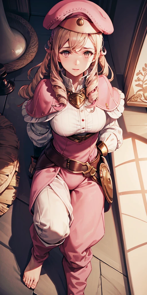 masterpiece, best quality, full body, barefoot, solo, female, big breast, feforrest, beret, pink capelet, pink tunic, white pants, brown gloves, upper body, looking at viewer, shy, from above, mansion, room, finely decorated room, pink theme