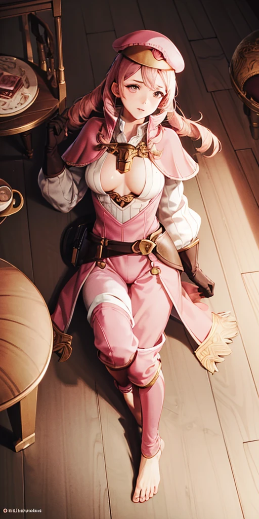 masterpiece, best quality, full body, barefoot, solo, female, big breast, feforrest, beret, pink capelet, pink tunic, white pants, brown gloves, upper body, looking at viewer, shy, from above, mansion, room, finely decorated room, pink theme
