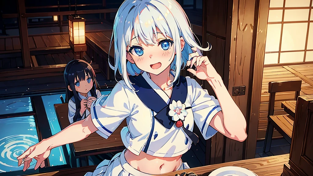 animesque、hight resolution、Scenic、Japanese-style family restaurant with a calm atmosphere、Japanese style izakaya、brightness and warmth、Japanese table setting、(one girls:1.5)、white hair、(White uniform:1.4)、(Skirt High School Student:1.3)、(Navy blue skirt 1.2)、(shortsleeves:1.2)、(a navel:1.3)、(blue eyess:1.6)、(length hair:1.2)、(Dynamic Pose:1.4)、(The upper part of the body:1.3)、(get blush:1.3)、(Laughing:1.2)