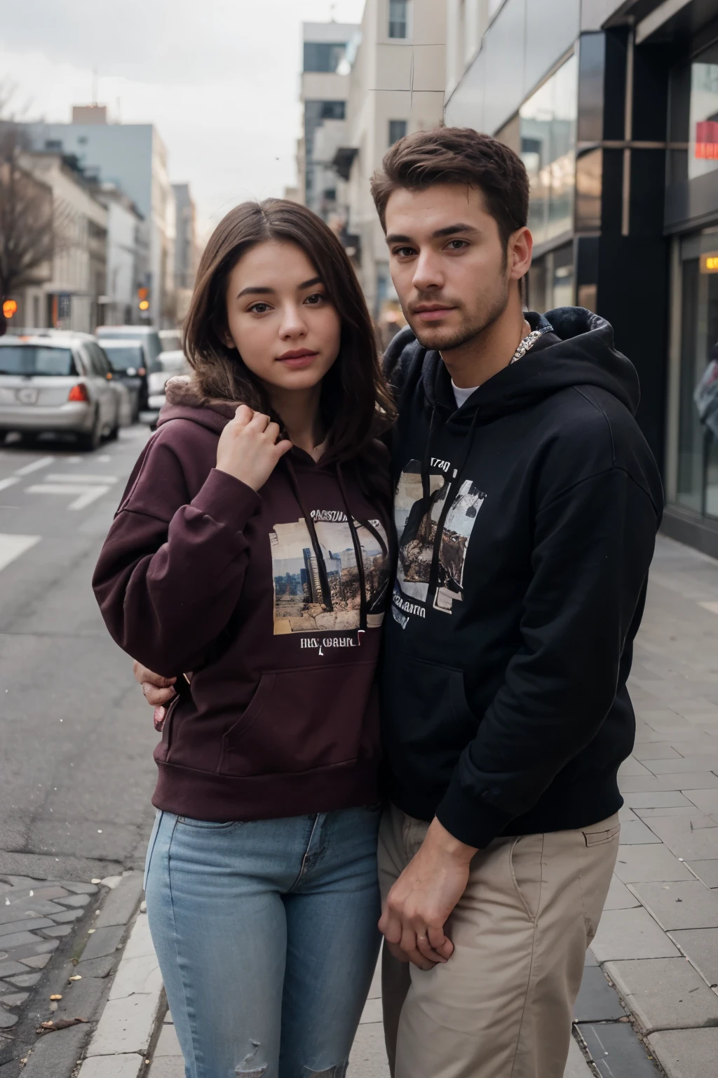 ((best quality)), ((masterpiece)), (detailed), perfect face girl use black hoddie with boy, standing, couple, smile