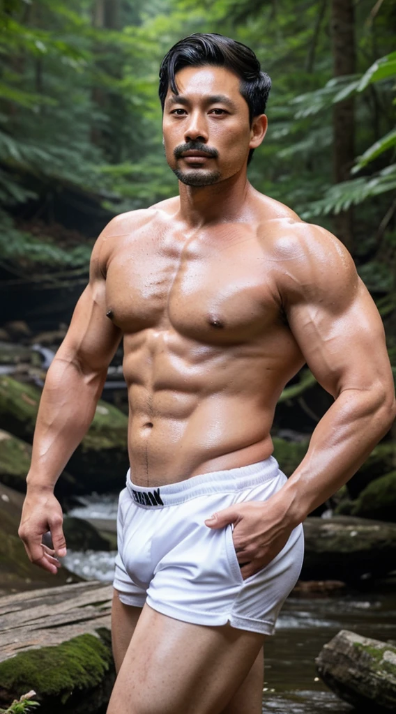 Middle-aged Korean man, 70 years old, brown eyes, dark eyebrows, mustache, long male beard, white hair, gray hair, hair parted in the middle, masculine lips, high nose, good figure, plump body, bear body, a little fat, big muscles, has upper muscles....Good muscles, arm muscles, leg muscles, big muscles, big and strong body. Big chest muscles, plump body, pink nipples, a bit of hair, clear red CK underwear, big in the middle......The bulge is second to none, extremely naked, chest hair, stomach hair, armpit hair, large bulge in underwear, realistic, high resolution. Standing at a forest waterfall The resolution of arms and legs, white skin, plump skin, skin wet with sweat, large and plump muscles. Face resolution, Gong Yoo, handsome man, short hair, portrait, Gong Yoo, high resolution 50k, camera photo, eyes looking at the camera, man, Gong Yoo..... Handsome, big muscles, six pack, handsome...... Age 70, like the real Gong Yoo, middle-aged man, big muscles, plump, plump body, gray hair, white, white mustache.