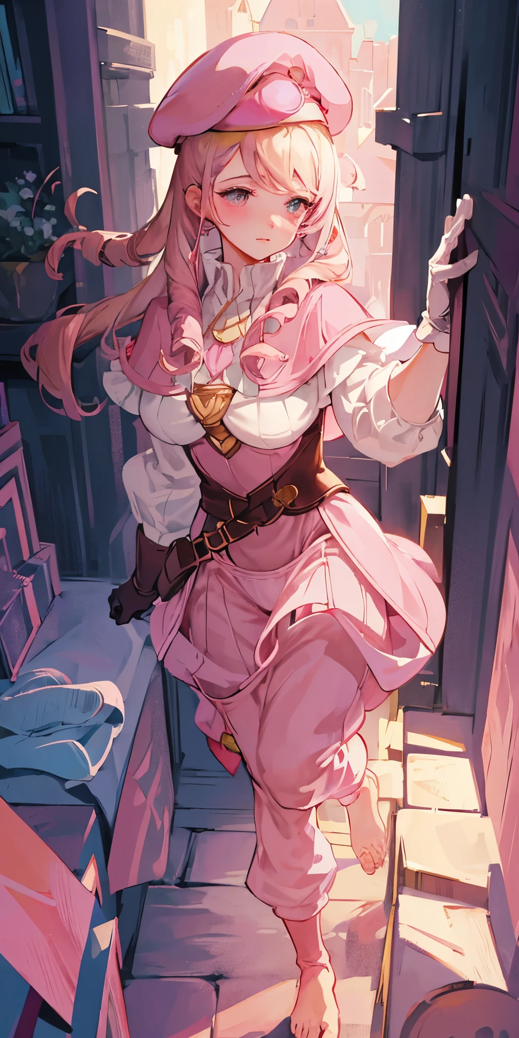 masterpiece, best quality, full body, barefoot, solo, female, big breast, feforrest, beret, pink capelet, pink tunic, white pants, brown gloves, upper body, looking at viewer, shy, from above, mansion, room, finely decorated room, pink theme