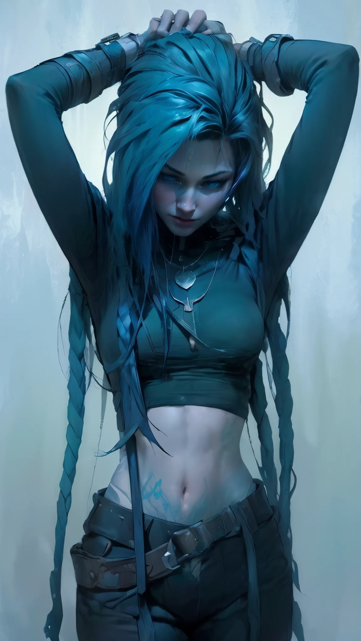 TheSpirit, floating hair ,((blue skin)),green eyes,navel, solo, close up, blush, skirt, SpiScho,very Long hair, fingernails, black stockings,huge black thighhighs, (insanely detailed, beautiful detailed face, masterpiece, best quality), spread legs, black crop top, huge hip, torn clothes