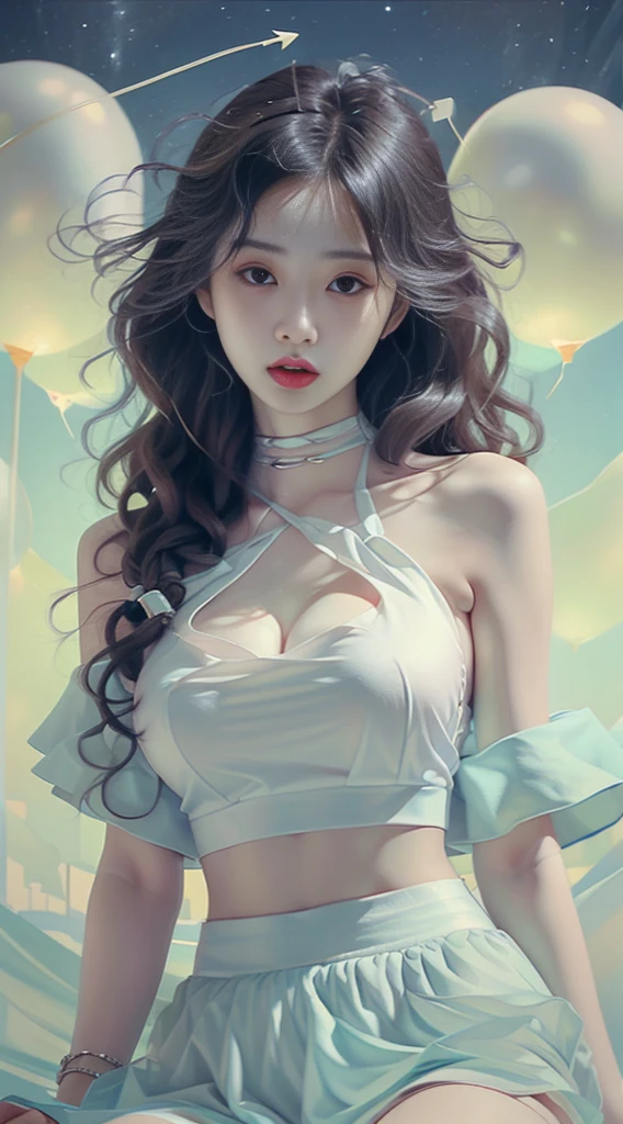 Female((20year old)), hair((black, long, wavy)), eyelack, sharp eyes)), lipgloss, clothes((crop-top, mini skirt, light blue)), amusement park, gigantic ??????, big ?????, oppai, smile, accessories ((chocker, bracelet)), cleavage, night sky,
