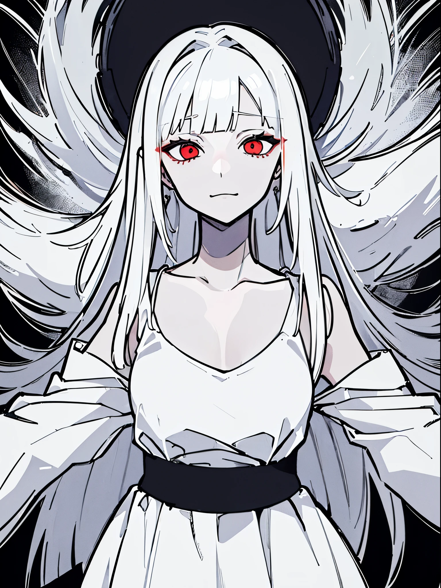 A girl with long white hair, pale skin, with the lower eyelids of the eyes, dark and extremely pale skin, appearing to be sick or weak. She's sitting in a white padded room(you already, a hospice room), the place has weak kuzes, giving a dark and melancholy atmosphere. The girl looks at the user with an expression of madness and hallucination, while the okhos glow a dark shade of purple.