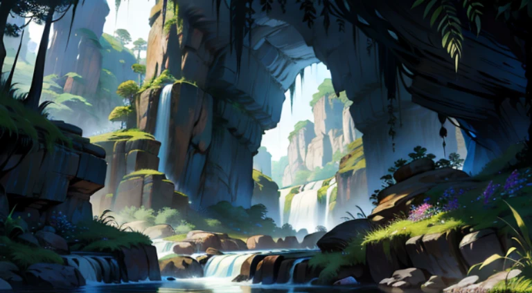 a cave landscape with an illustration of a caveman, detailed cave walls, realistic lighting, vivid colors, rich texture, high-res detailed painting, ancient atmosphere, mystical aura, rugged terrain, lush vegetation, cave entrance, distant mountains, dense forest, hidden waterfalls [illustration, detailed cave walls, realistic lighting, vivid colors, rich texture, high-res detailed painting, ancient atmosphere, mystical aura, rugged terrain, lush vegetation, cave entrance, distant mountains, dense forest, hidden waterfalls] (best quality,4k,8k,highres,masterpiece:1.2),ultra-detailed,(realistic,photorealistic,photo-realistic:1.37),HDR,UHD,studio lighting,ultra-fine painting,sharp focus,physically-based rendering,extreme detail description,professional,landscape