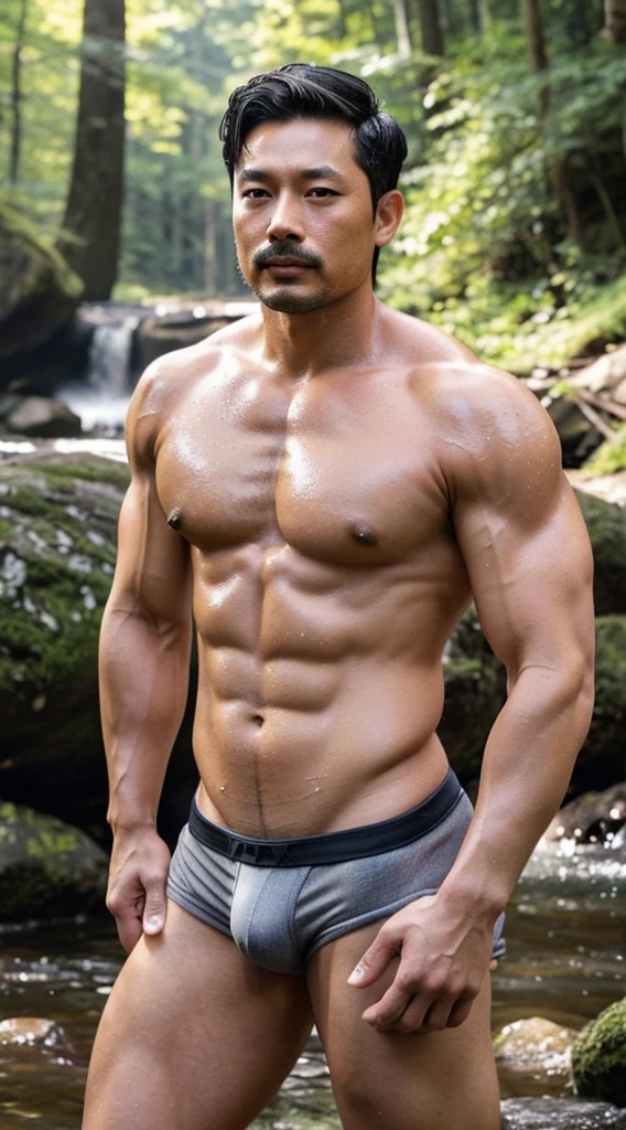 Middle-aged Korean man, 70 years old, brown eyes, dark eyebrows, mustache, long male beard, white hair, gray hair, hair parted in the middle, masculine lips, high nose, good figure, plump body, bear body, a little fat, big muscles, has upper muscles....Good muscles, arm muscles, leg muscles, big muscles, big and strong body. Big chest muscles, plump body, pink nipples, a bit of hair, clear red CK underwear, big in the middle......The bulge is second to none, extremely naked, chest hair, stomach hair, armpit hair, large bulge in underwear, realistic, high resolution. Standing at a forest waterfall The resolution of arms and legs, white skin, plump skin, skin wet with sweat, large and plump muscles. Face resolution, Gong Yoo, handsome man, short hair, portrait, Gong Yoo, high resolution 50k, camera photo, eyes looking at the camera, man, Gong Yoo..... Handsome, big muscles, six pack, handsome...... Age 70, like the real Gong Yoo, middle-aged man, big muscles, plump, plump body, gray hair, white, white mustache.
