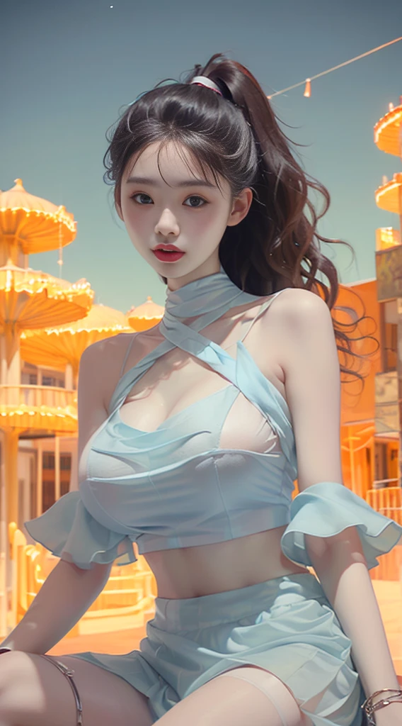 Female((20year old)), hair((black, long, wavy)), eyelack, sharp eyes)), lipgloss, clothes((crop-top, mini skirt, light blue)), amusement park, gigantic breast, big boobs, oppai, smile, accessories ((chocker, bracelet)), cleavage, night sky, ponytail,