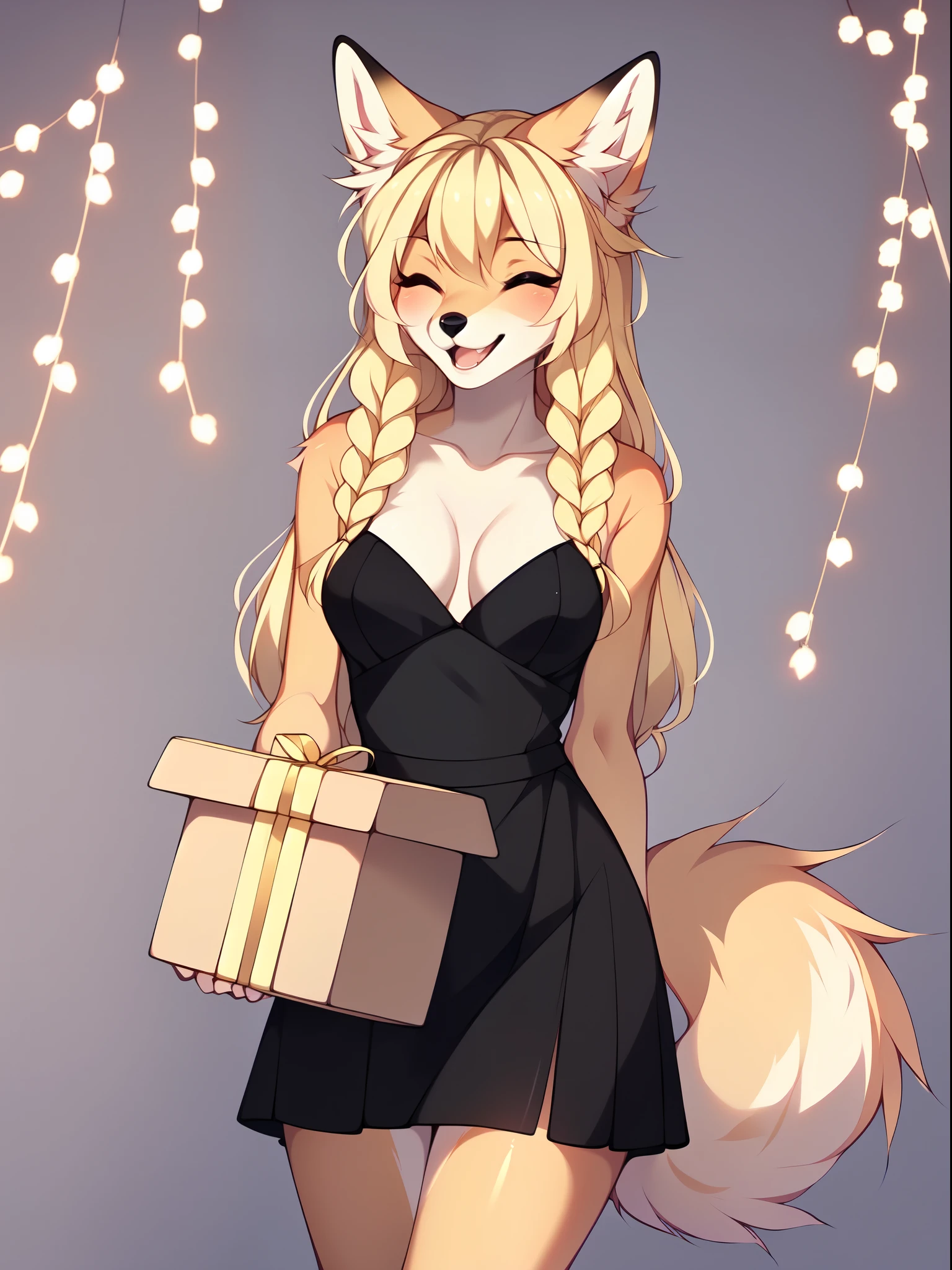 Solo, Kimiko, tan fox girl, blonde hair, wearing black dress, happy, eyes closed, mouth wide open, holding a gift box with both hands, simple background, by fumiko, standing, indoors