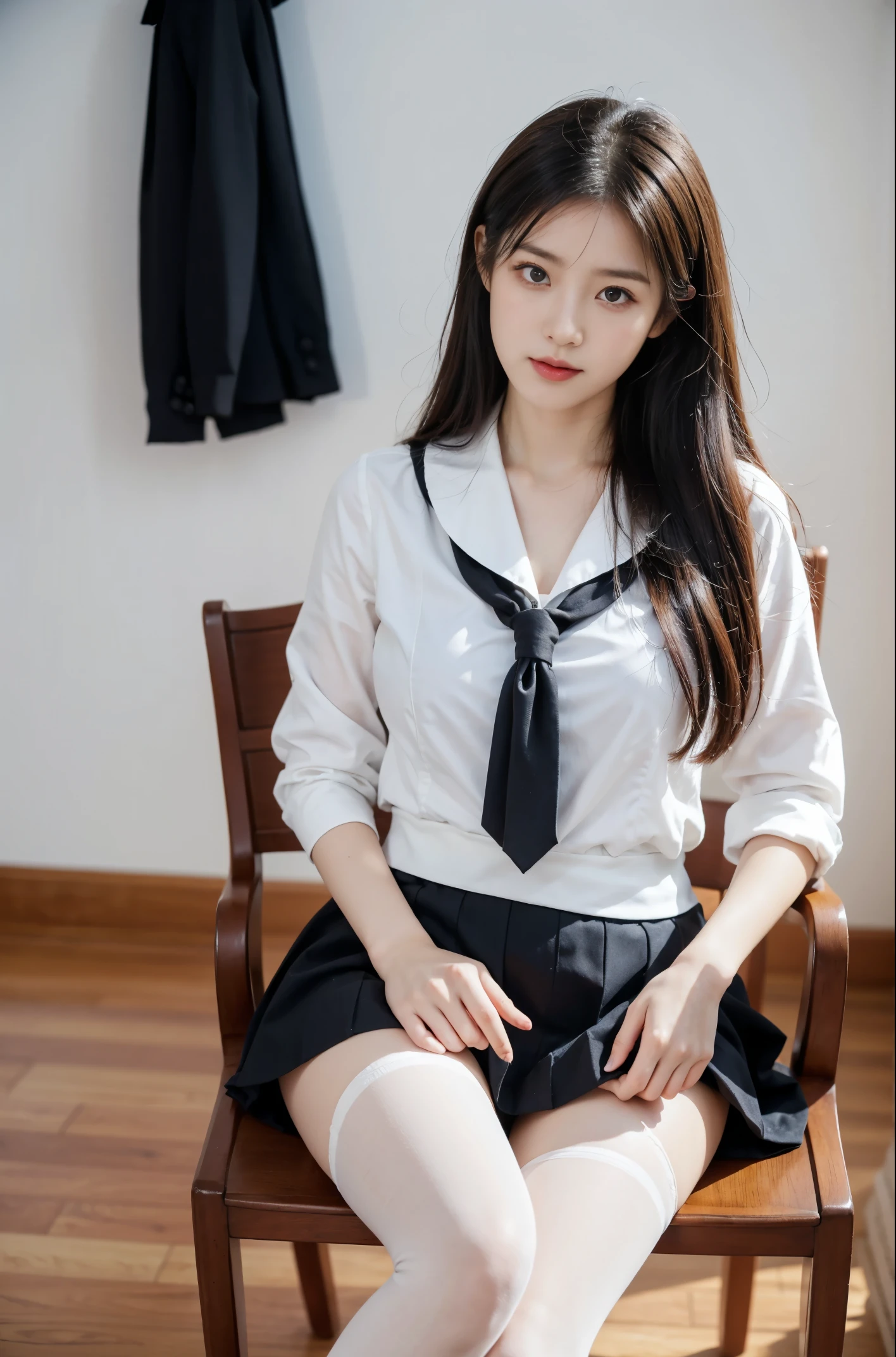 The face is :9,1714884241], Serapuk girl holding skirt in hand, Sailor outfit、Raw foto、Wearing black pantyhose、wearing little white panties、Upskirt, 초a realistic schoolgirl, a realistic schoolgirl, Beautiful girl sitting on a chair, 초a realistic schoolgirl, Fine details. Crotch Pants Show, Ecchi style, Ecchi, Thighs thighs Thighs!!!