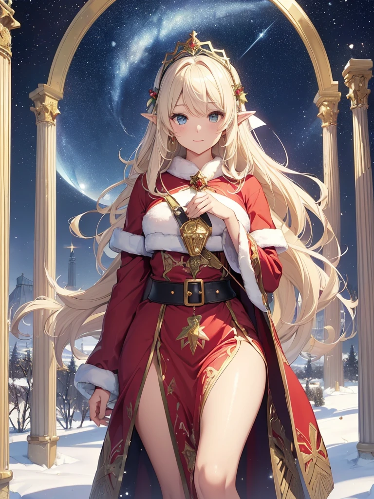 top-quality、Top image quality、dagashi terpiece、Super beautiful elf beauty((24 year old、santa costume、santa hat、Best Bust、big bast、Bust 90,beautiful blue long ironed hair、a blond、globe、A A sexyは、A slender、a closeup、Esbian、beautiful tiara、hiquality、Beautiful Art、Background with((starrysky)))But but ute piece、visualart、depth of fields、low angle night sky、、Elven ears、、light magic、Space Knight、harp melody🎵、Happy smile、Gentle light、、Beautiful legs that are gentle on the skin、、、Number of fingers to achieve precise finger movements、ティッカーBeautiful decoration、elegent、Mystical field under the flower garden、Marble pillars, beautiful dressy、Snowy landscape in winter、、巨大なglobe、、Temple of Time、Great watch、hour glass、sundial、NSFW.A sexy、Christ but、Christ butツリー、Beautiful decoration,santa dress 1.3,Christmas、byzantine art、Renaissance painting、Raphael paintings