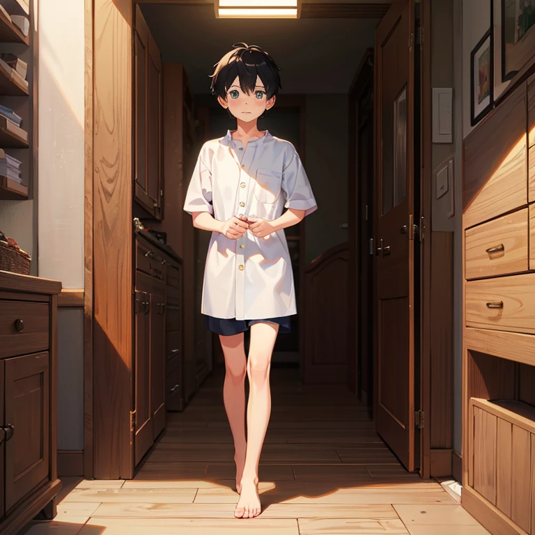 ((A boy)),adorable captivating,in a white shirt,He looked sad,Barefoot,Stand up。The blush gradually rises,Shy, But handsome。The picture style is fresh and ,Rendered like a comic,The lens is shown as a vista,(Anime style+Soft cute),Anatomically correct,Accurate