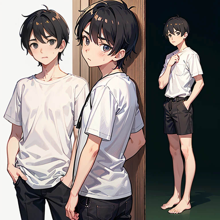 ((A boy))，adorable captivating，in a white shirt，He looked sad，Barefoot，Stand up。The blush gradually rises，Shy, But handsome。The picture style is fresh and ，Rendered like a comic，The lens is shown as a vista，（Anime style+Soft cute），Anatomically correct，Accurate