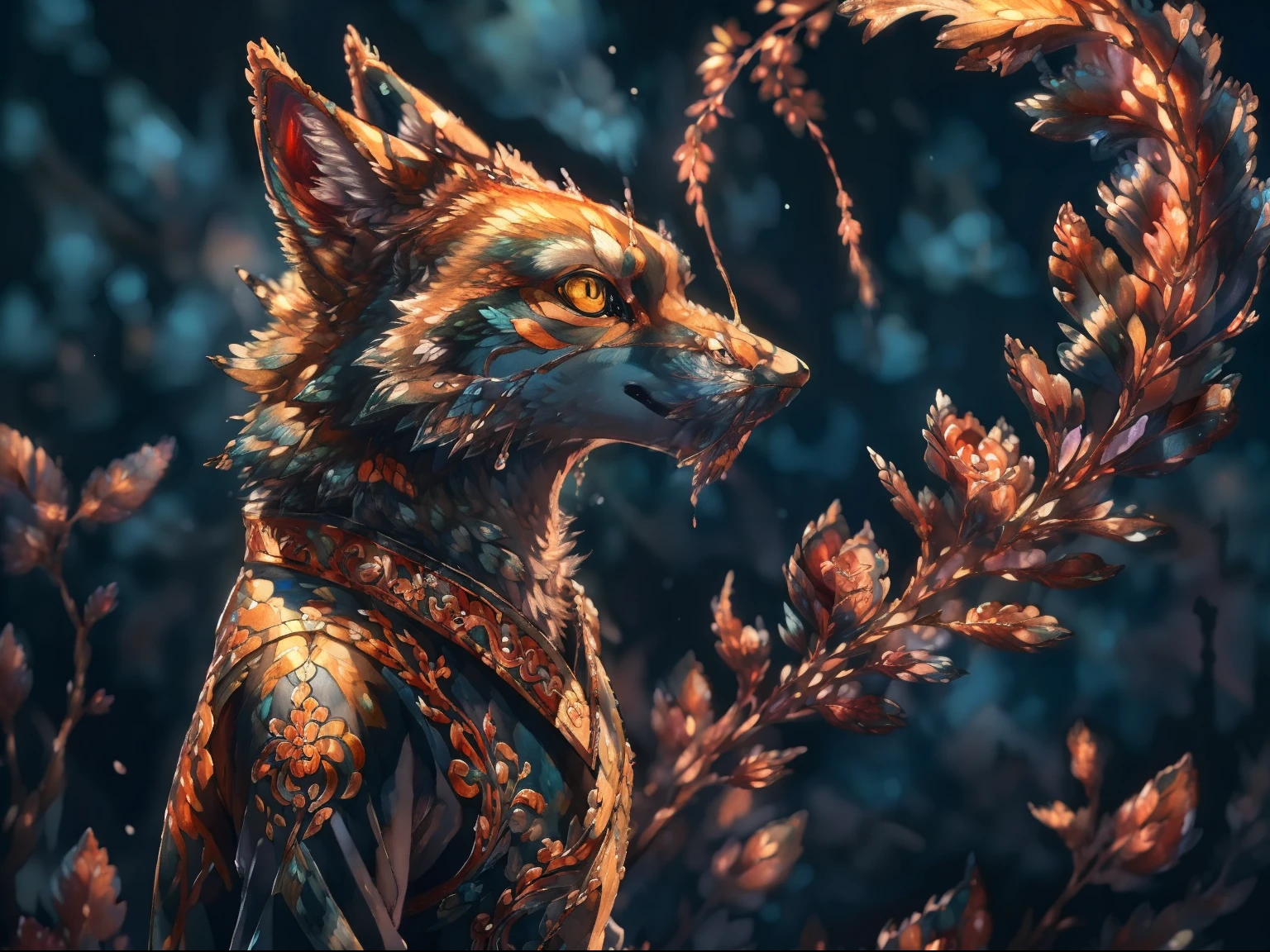 ((((((full body)))))), high detailed, solo, wolf with sharp eyes, Clear and delicate facial features, in Studio Ghibli style, a stunningly detailed fluid gouache painting by Jean Baptiste Monge, incorporating ink flow, calligraphy, acrylic, Chinese ink, and color art, styled in Art Nouveau