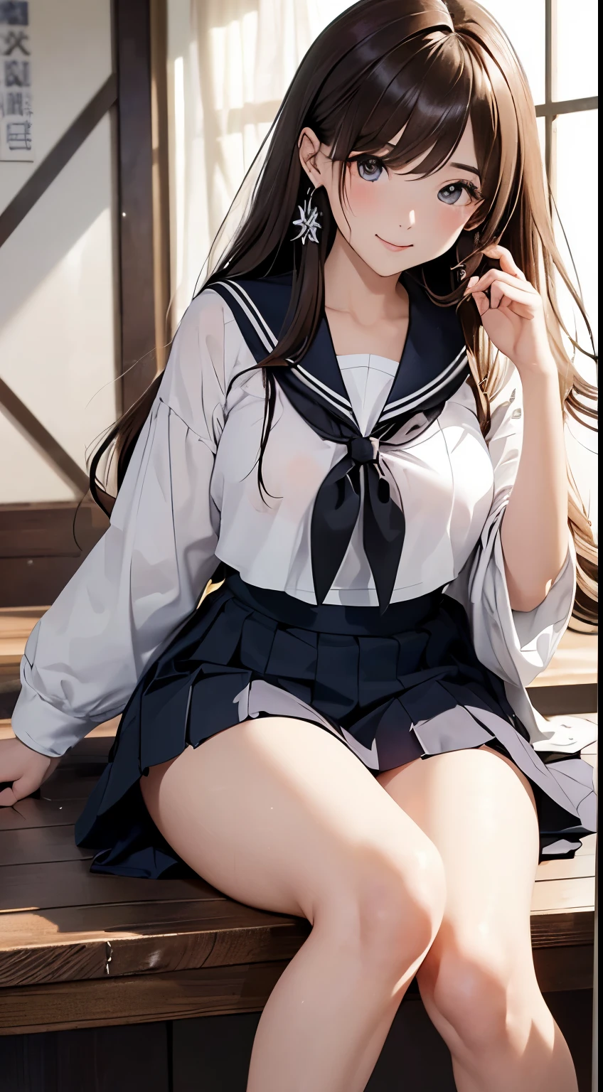 ((Sailor Uniform School Uniform Cosplay、))) ((see -through、)) ((teats、Come Out、areola hollows,)) portlate、In a seductive pose、Raise your arms、Hands up、ultra-short hair、pubick hair、((( 陰核、 、Vaginal opening、Open the))) (( )) (((Spread your legs、Open your crotch、))) (((perspiring、 ))) a picture、​masterpiece、