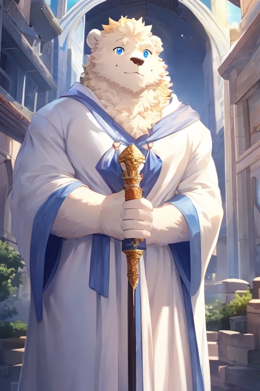 white bear,male people,Tall.well-muscled,skinny body shape,Blue eyes,a blond,white robes,sorcerer,hold a long cane,Medieval cityscape,Looking at the camera,Gentle expression,