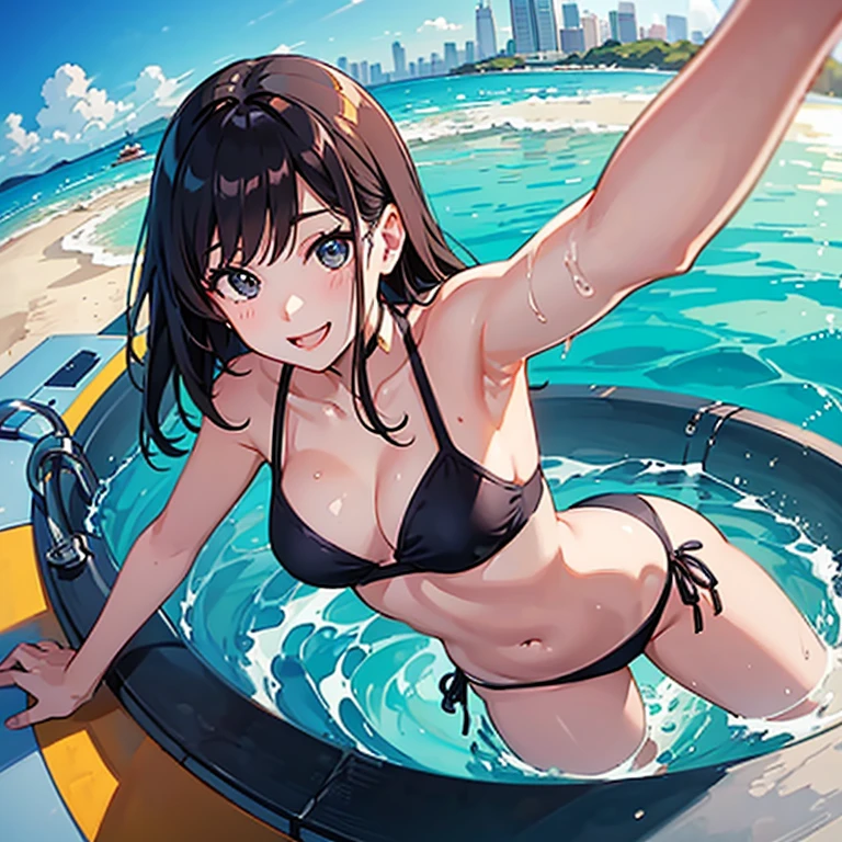 selfie, photo with GoPro camera pretty Hong Kong girl, with sexy bathing suit on beach, wet, smile, sharp face, soft Lighting, fisheye lens, sun flare,