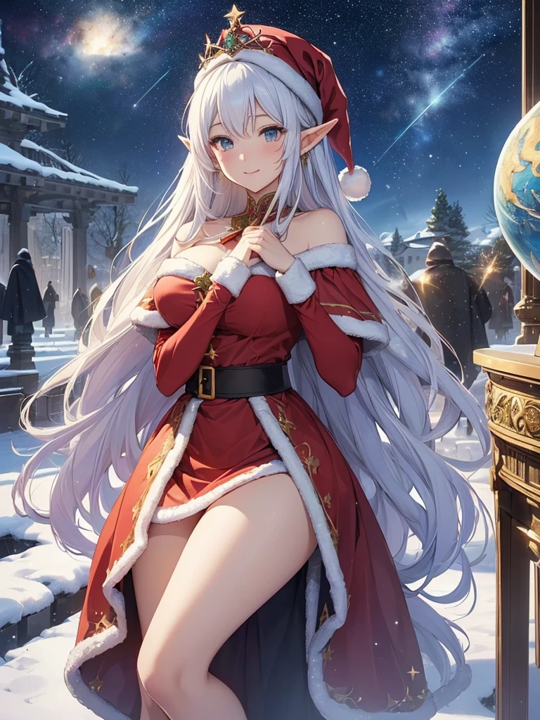 top-quality、Top image quality、dagashi terpiece、Super beautiful elf beauty((24 year old、santa costume、santa hat、Best Bust、big bast、Bust 90,beautiful blue long ironed hair、a blond、globe、A A sexyは、A slender、a closeup、Esbian、beautiful tiara、hiquality、Beautiful Art、Background with((starrysky)))But but ute piece、visualart、depth of fields、low angle night sky、、Elven ears、、light magic、Space Knight、harp melody🎵、Happy smile、Gentle light、、Beautiful legs that are gentle on the skin、、、Number of fingers to achieve precise finger movements、ティッカーBeautiful decoration、elegent、Mystical field under the flower garden、Marble pillars, beautiful dressy、Snowy landscape in winter、、巨大なglobe、marble dome、Temple of Time、Great watch、hour glass、sundial、NSFW.A sexy、Christ but、Christ butツリー、Beautiful decoration,santa dress 1.3,Christmas、byzantine art、Renaissance painting、Raphael paintings