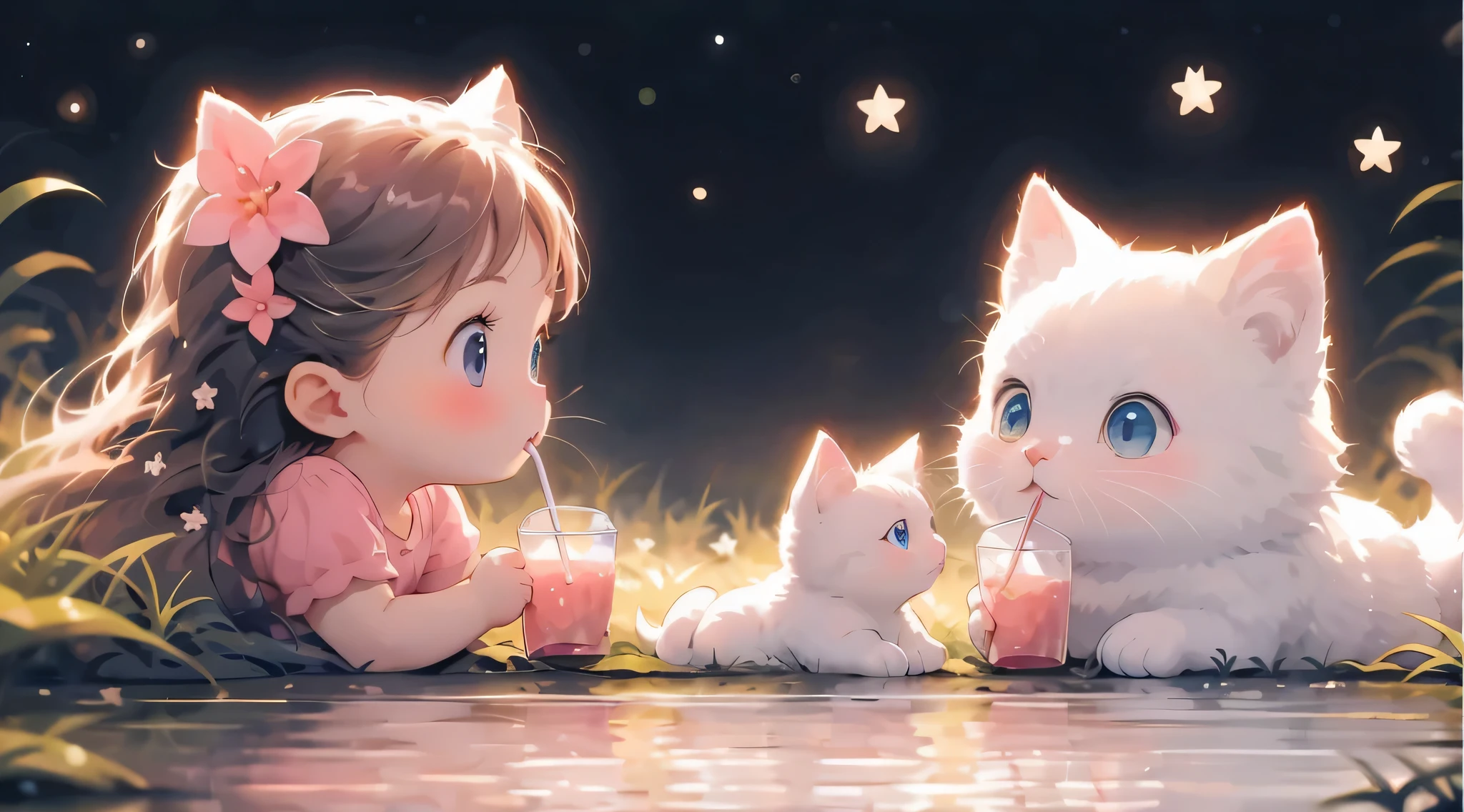 Anime girl and cat drinking milk on the grass, lovely digital painting, adorable digital art, Cute and detailed digital art, Lovely detailed artwork, cute anime, Anime art wallpaper 4k, Anime art wallpaper 4k, lovely art style, cute artwork, 4k anime wallpapers, Anime style 4k, Anime art wallpaper 8 K, very beautiful cute catgirl