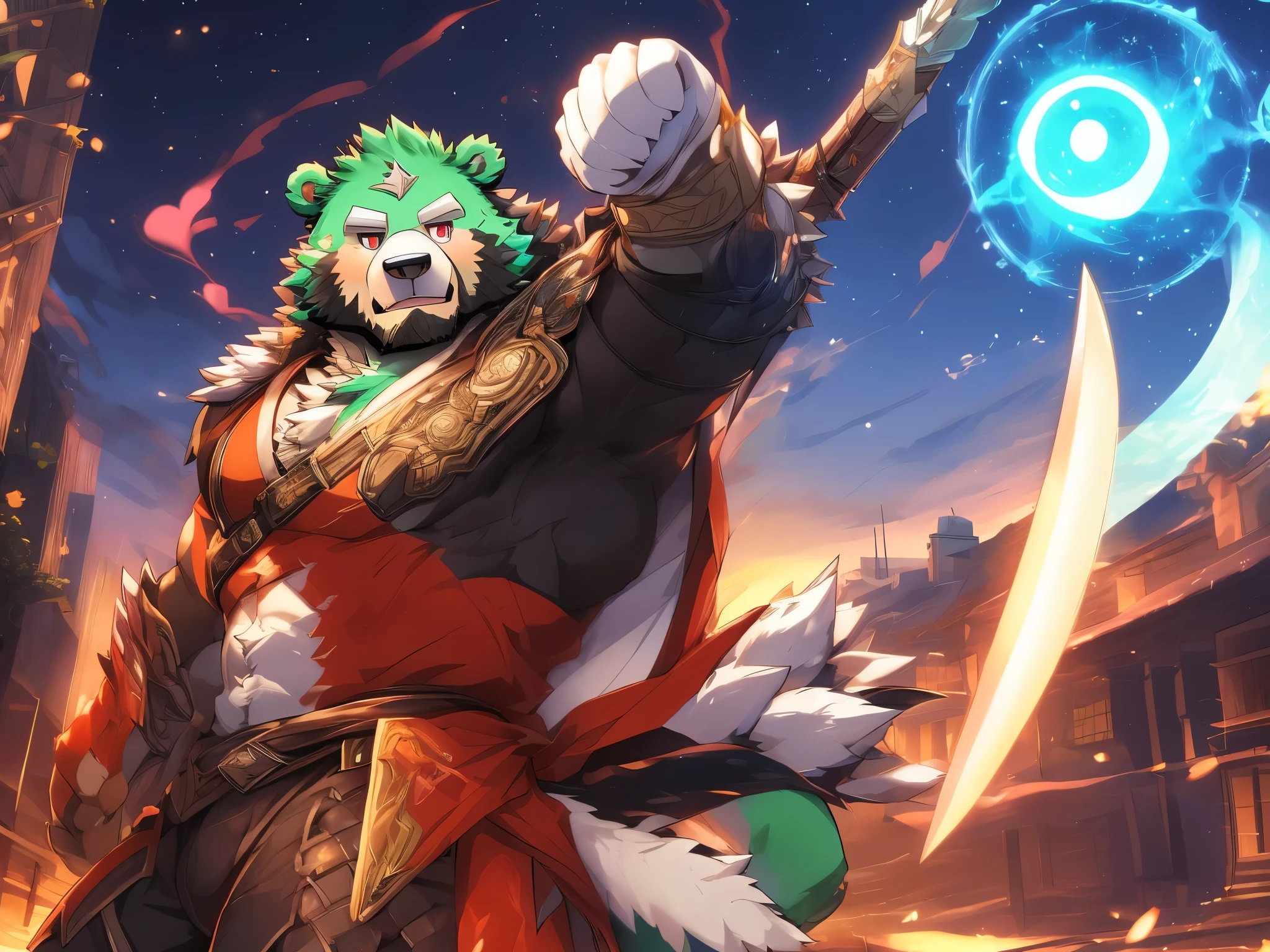 anthro ((bear)), furry, bear, green fur, green hair, ((beard)), male, white eyebrows, red eyes, masterpiece, ((Best quality)), handsome, middle-aged, mature, muscle body, sexy, dilf, full body, (((jinpei))), (((monster hunter))), (((weilding nodachi as weapon))), (((fighting rathalos from monster hunter world))), (((in the city))), with his party, 6boy, (((magic))), action poses