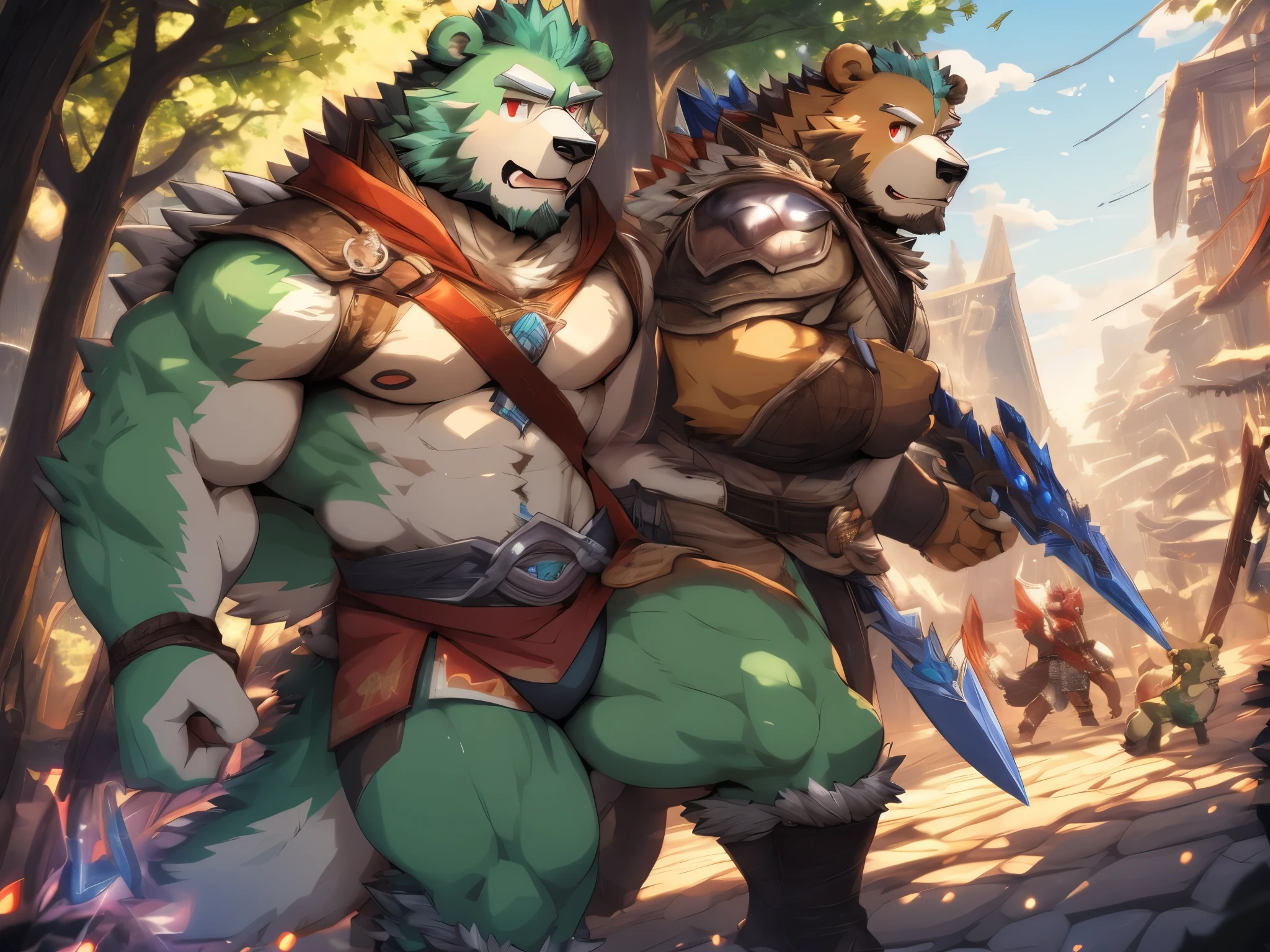 anthro ((bear)), furry, bear, green fur, green hair, ((beard)), male, white eyebrows, red eyes, masterpiece, ((Best quality)), handsome, middle-aged, mature, muscle body, sexy, dilf, full body, (((jinpei))), (((monster hunter))), (((weilding nodachi as weapon))), (((fighting rathalos from monster hunter world))), (((in the city))), with his party, 6boy, (((magic))), action poses